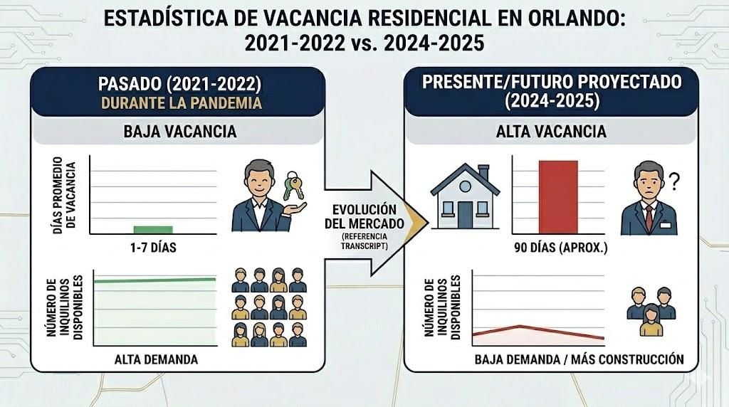 gráfico comparativo del tiempo promedio de vacancia en Orlando, mostrando el cambio de 1-7 días en 2021-2022 a 90 días en 2024-2025