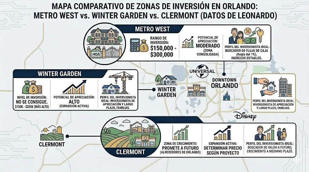 mapa comparativo de zonas de inversión en Orlando (Metro West, Winter Garden y Clermont) con rangos de precios y perfiles de inversión