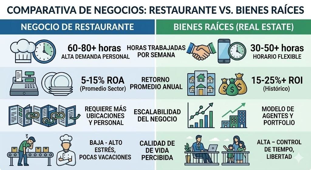 tabla comparativa que muestra las ventajas de los bienes raíces frente al negocio de restaurantes en términos de horas de trabajo, retorno, escalabilidad y calidad de vida