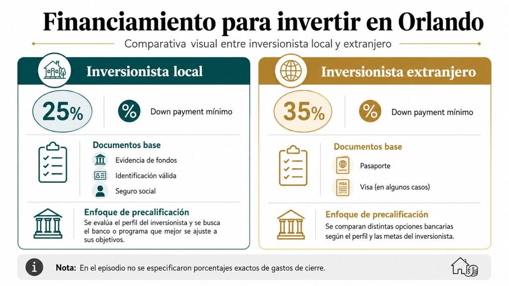 Comparación de requisitos de financiamiento para inversionistas locales y extranjeros en Orlando.