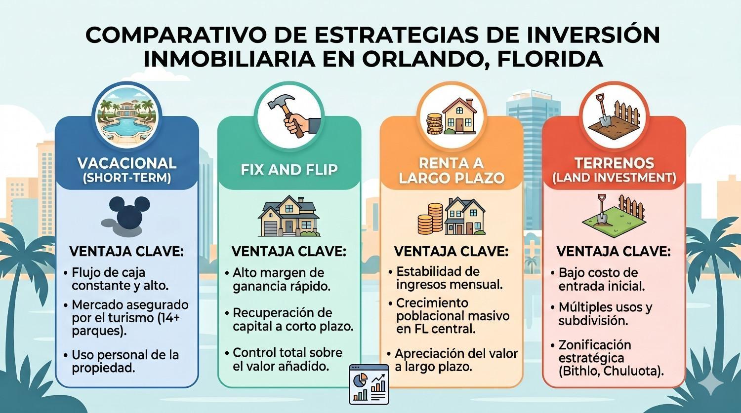 Comparativo de estrategias de inversión inmobiliaria en Orlando, Florida