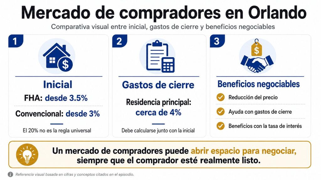 Infografía sobre mercado de compradores en Orlando con reducción de precio y gastos de cierre.