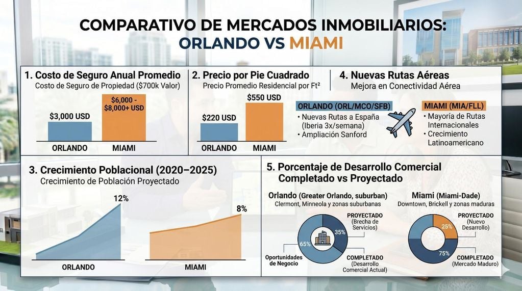 gráfico comparativo del mercado inmobiliario entre Orlando y Miami en costos de seguros, precios, población y desarrollo