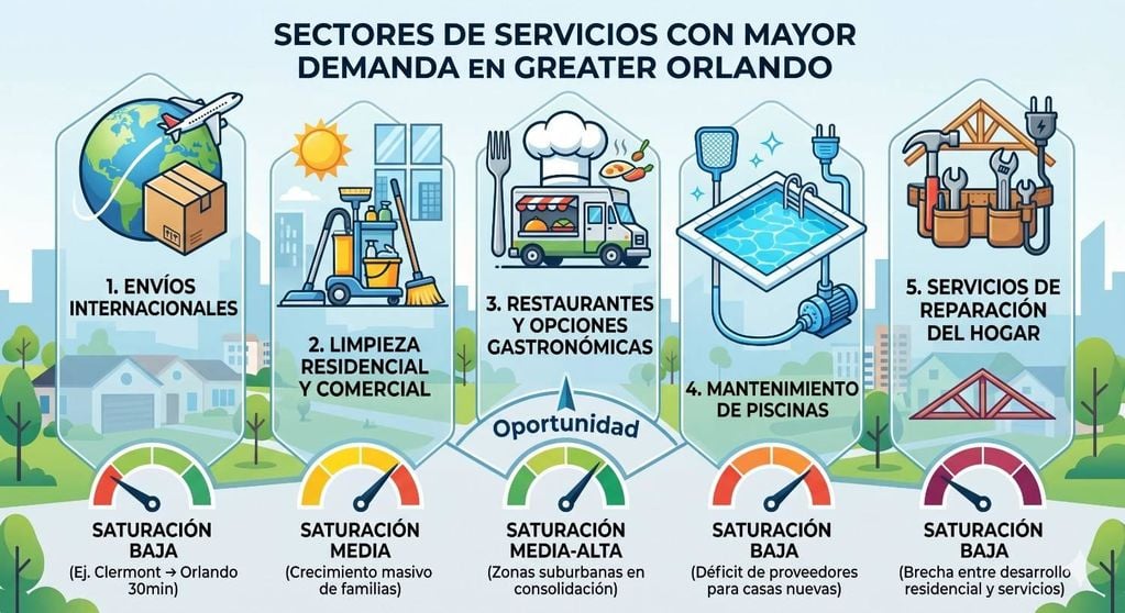 infografía de sectores de servicios con alta demanda y su nivel de saturación en el área de Greater Orlando