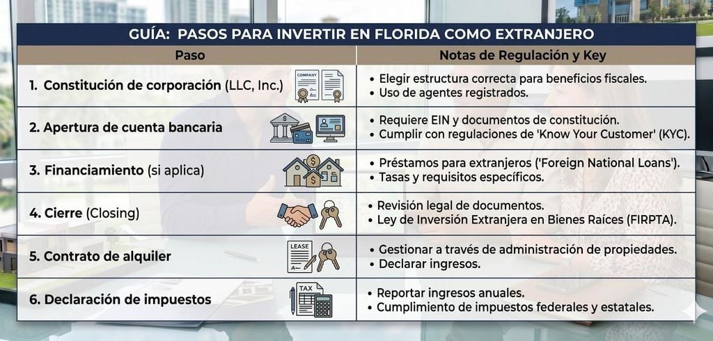 infografía detallada con los 6 pasos y regulaciones clave para extranjeros invirtiendo en bienes raíces en Florida