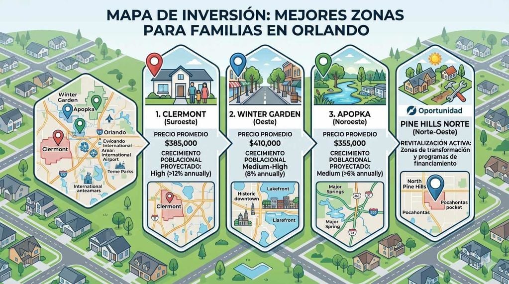 mapa de Greater Orlando que destaca los datos de inversión para Clermont, Winter Garden, Apopka y Pine Hills Norte