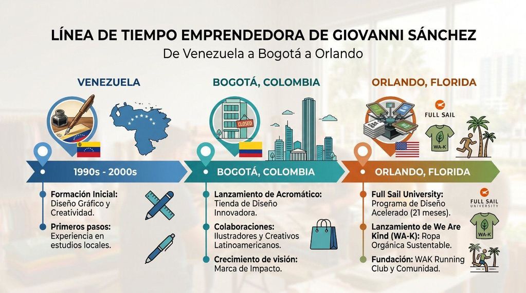 Infografía de la línea de tiempo de Giovanni Sánchez mostrando su evolución empresarial desde Venezuela a Bogotá y su llegada a Orlando