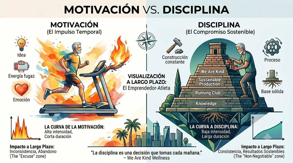 Infografía que compara la motivación frente a la disciplina y su impacto a largo plazo en un emprendedor