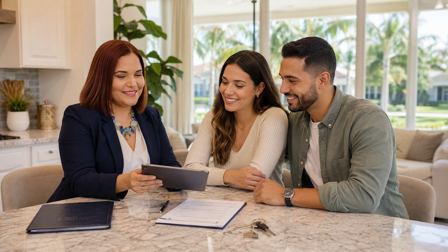 Joen Brunet Rivera asesora a una pareja de compradores primerizos dentro de una casa con vista al paisaje de Florida