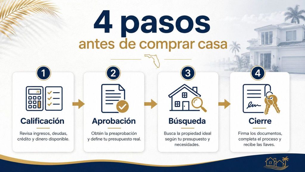 infografía con los 4 pasos antes de comprar casa calificación, aprobación, búsqueda y cierre