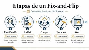 línea de tiempo con las cinco etapas de un proyecto fix-and-flip y su duración estimada