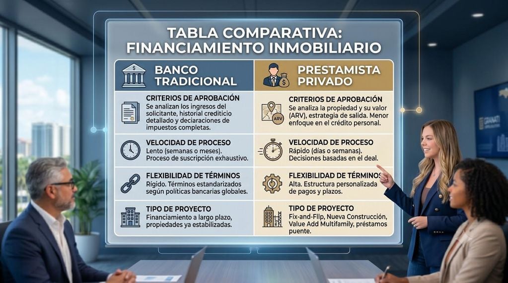 comparing traditional banks versus private lenders on approvals, speed, flexibility, and project types