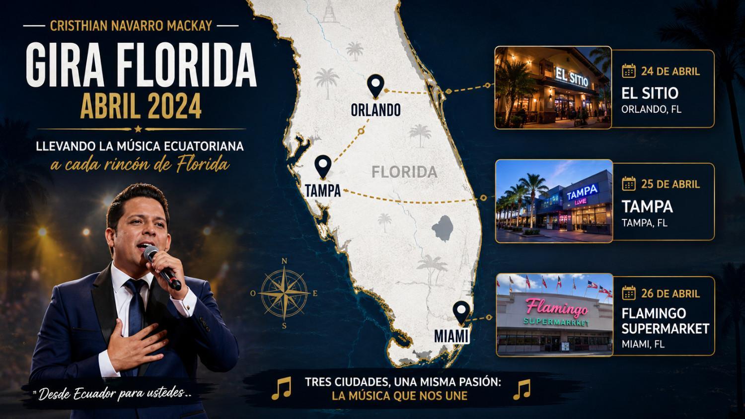 mapa de Florida con las fechas y ciudades de la gira de Cristhian Navarro Mackay en Orlando, Tampa y Miami