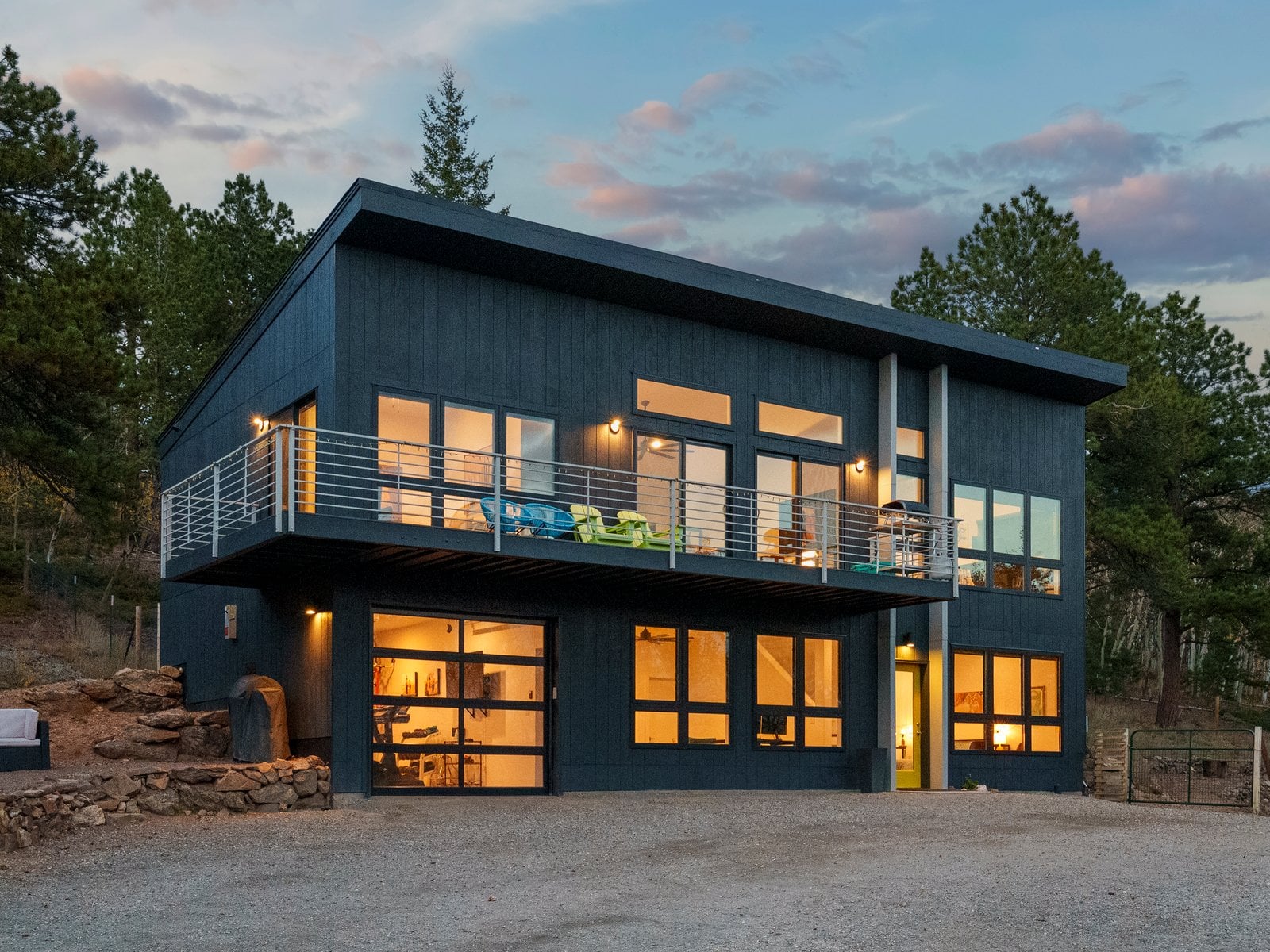 Modern mountain home at dusk in Central City, Colorado
