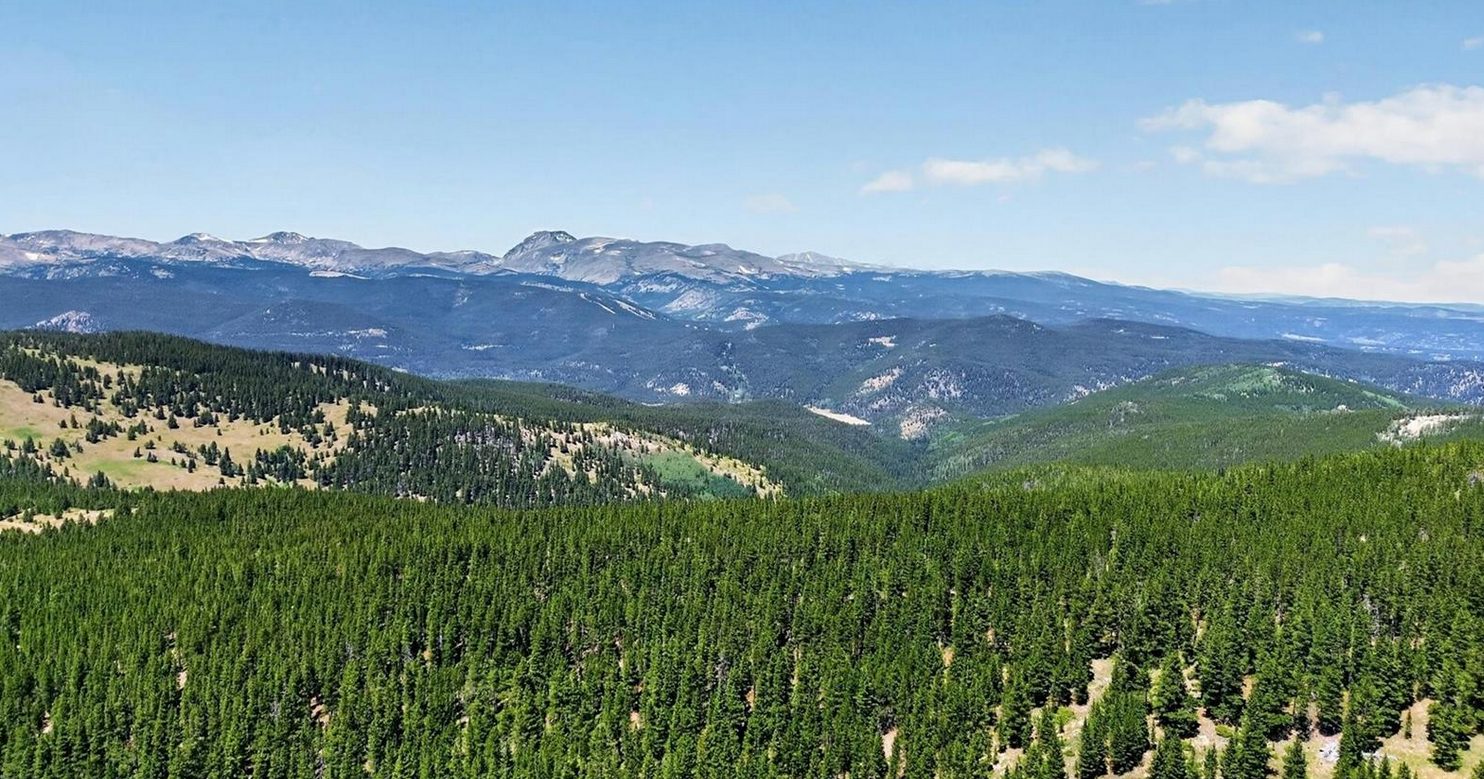 Forested mountain valley and distant peaks in the Colorado Rockies west of Denver