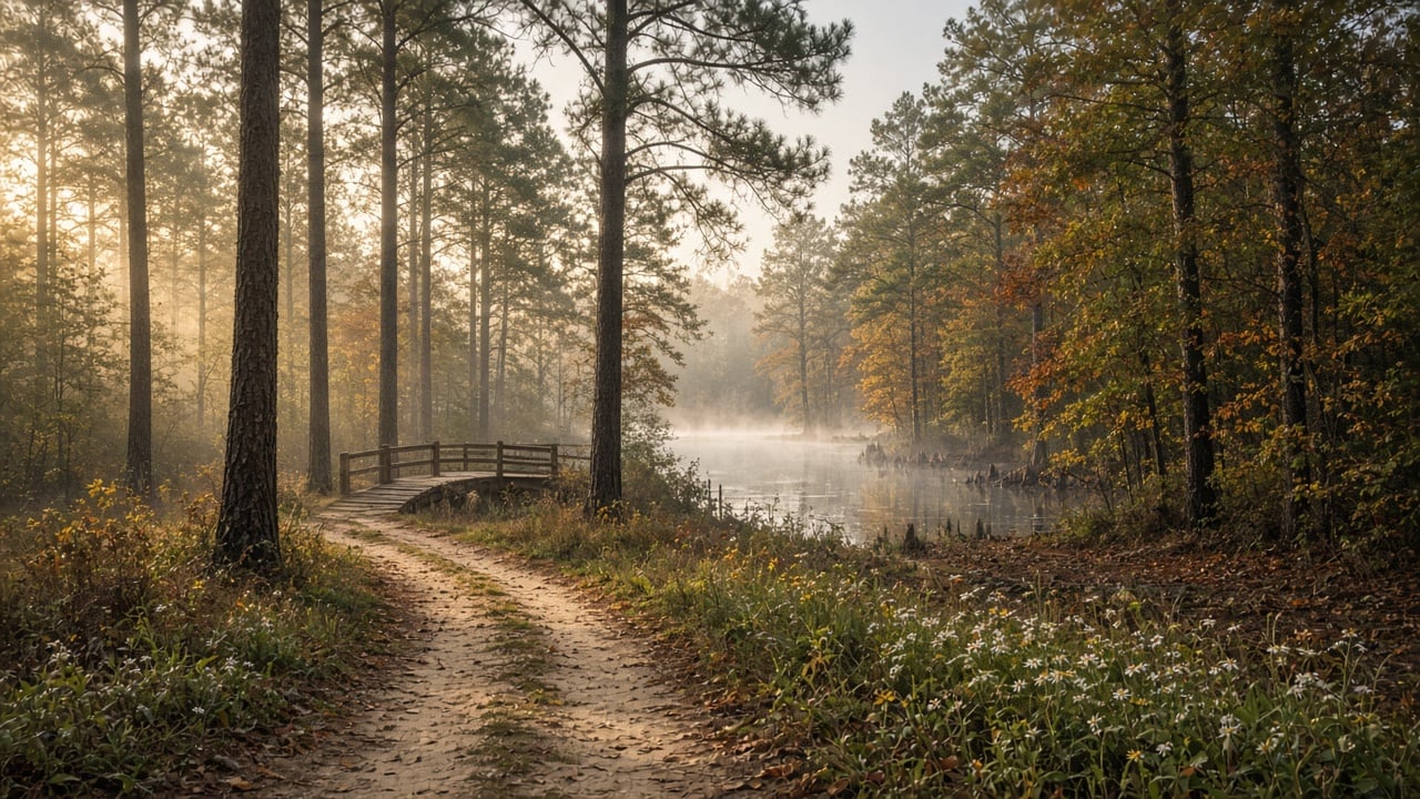 Sandy nature trail winding through tall pines toward a misty cypress-lined millpond with a small wooden footbridge on an autumn morning in coastal North Carolina