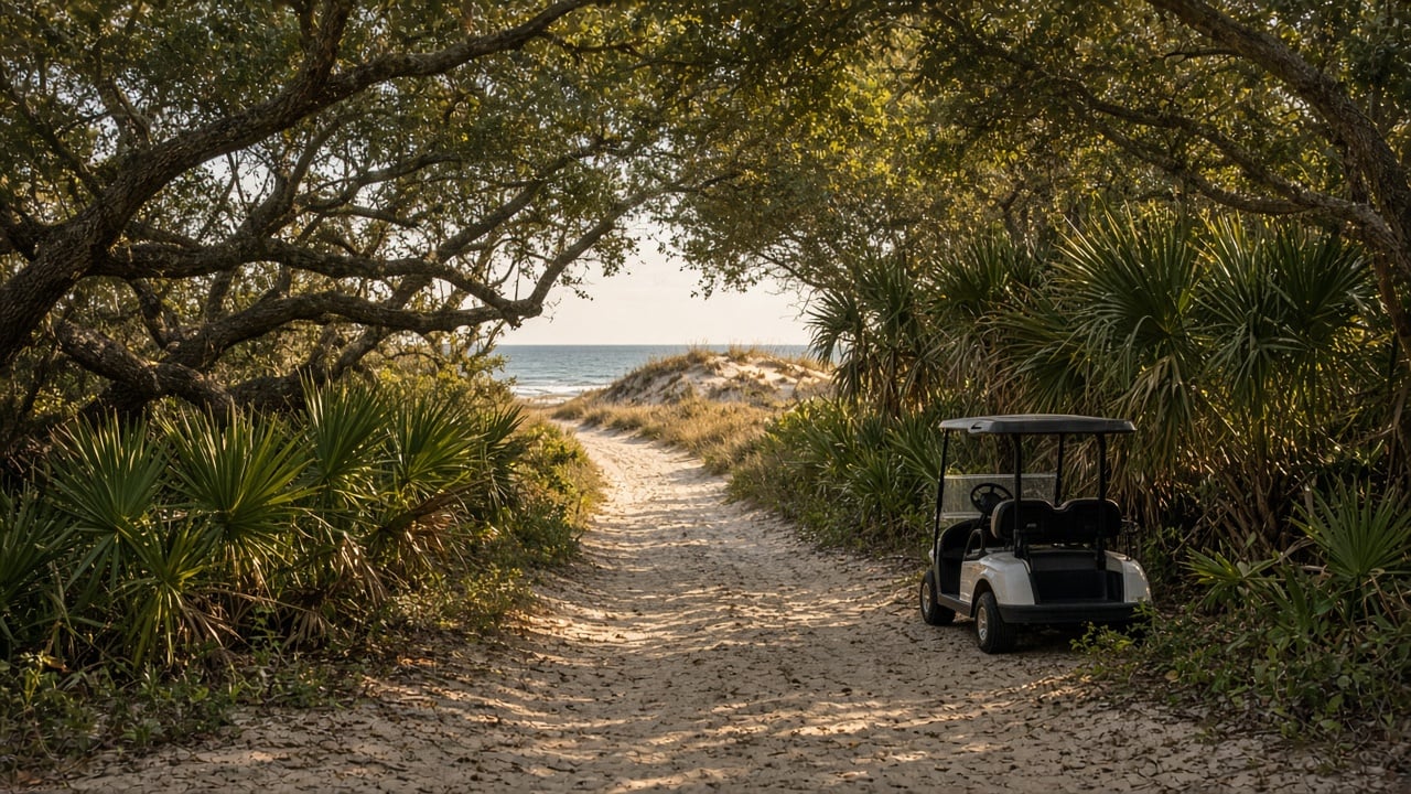 Sandy path winding through a maritime forest of live oaks and palmettos toward the dunes and ocean on a North Carolina barrier island, with an empty golf cart parked beside the trail