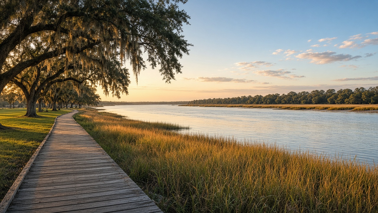 Weathered wooden boardwalk curving beside a calm, wide tidal river lined with golden marsh grass, with moss-draped live oaks over a grassy riverside park and a distant tree line at golden hour