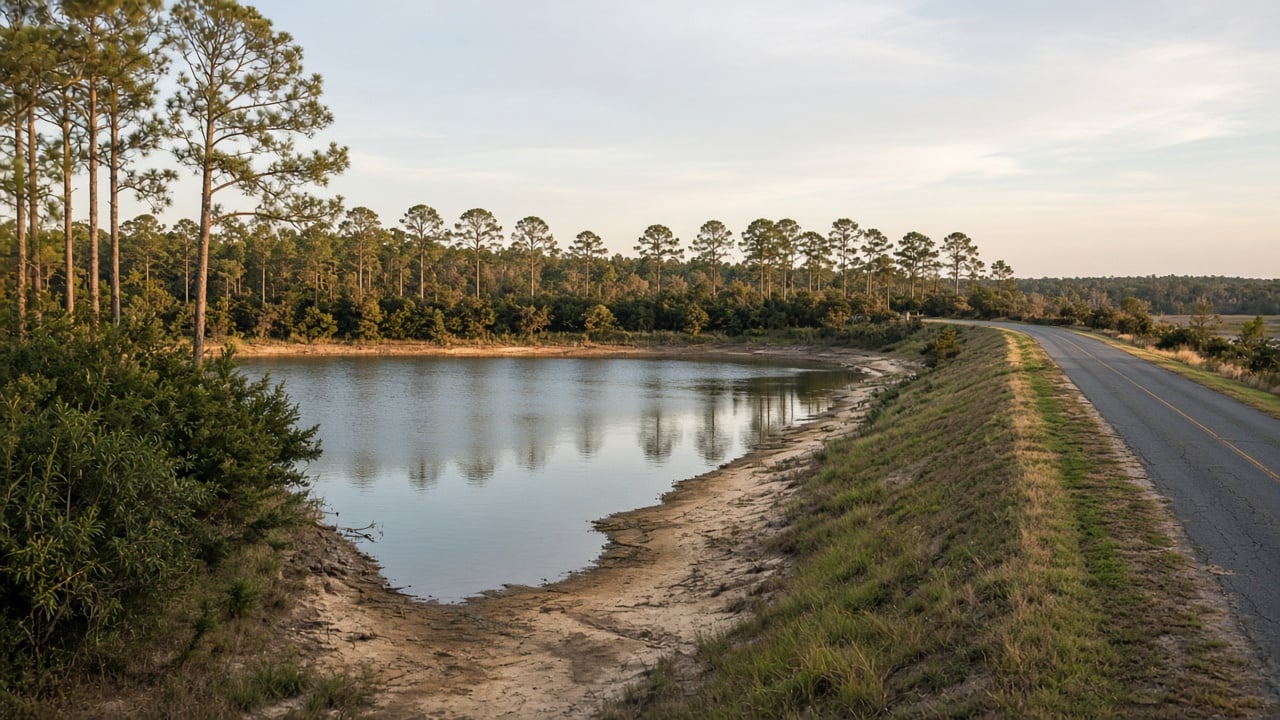 A calm freshwater lake slowly refilling among longleaf pines and wax myrtles in soft late-autumn light, with a grassy earthen dam embankment and a quiet rural road along the shoreline