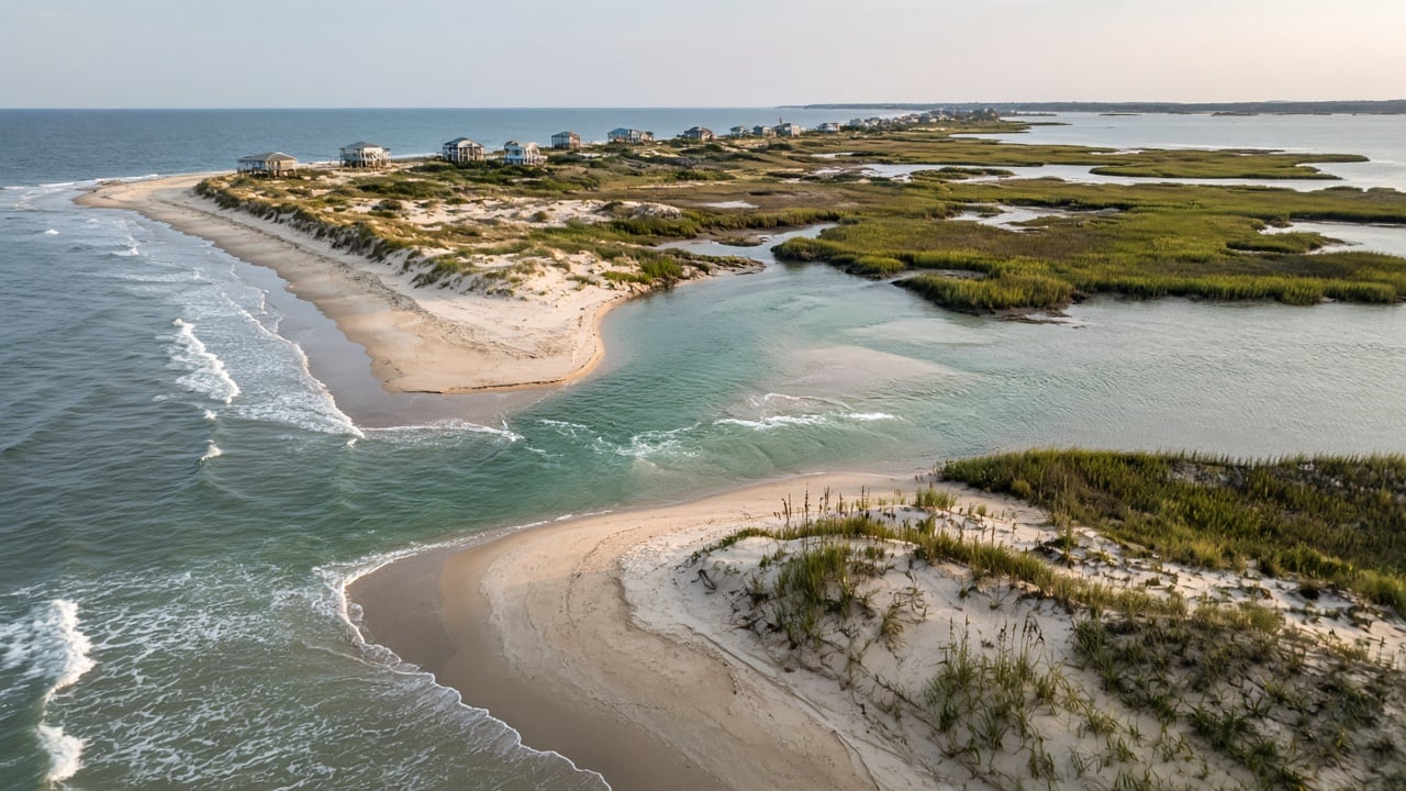 Aerial view of the end of a North Carolina barrier island at a tidal inlet, with a curving sandy beach, dunes with sea grass, swirling turquoise water and sandbars, salt marsh, and raised beach houses set back behind the dunes