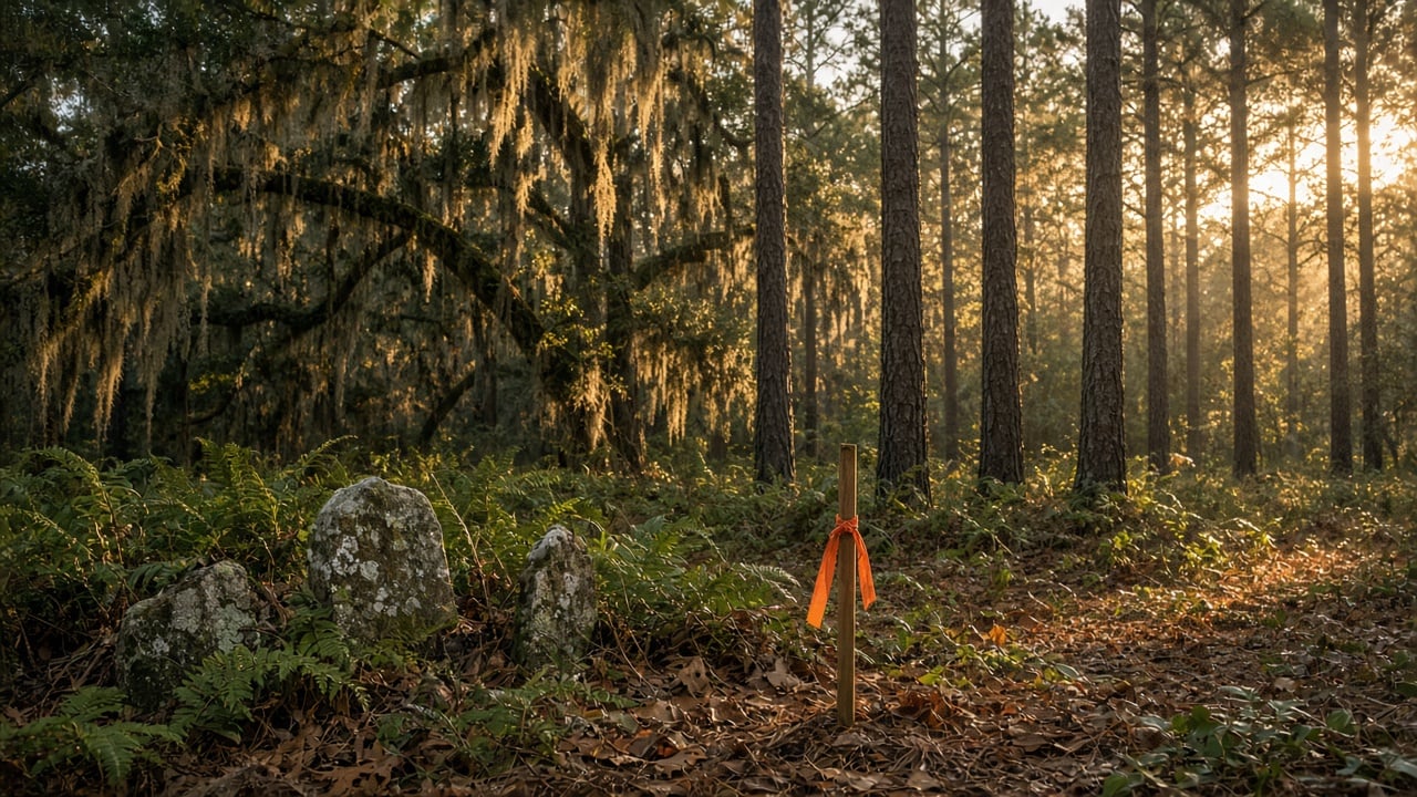 A wooded rural lot in coastal North Carolina with tall pines and moss-draped live oaks, a few weathered blank stone markers among ferns, and a survey stake with orange flagging tape in golden morning light