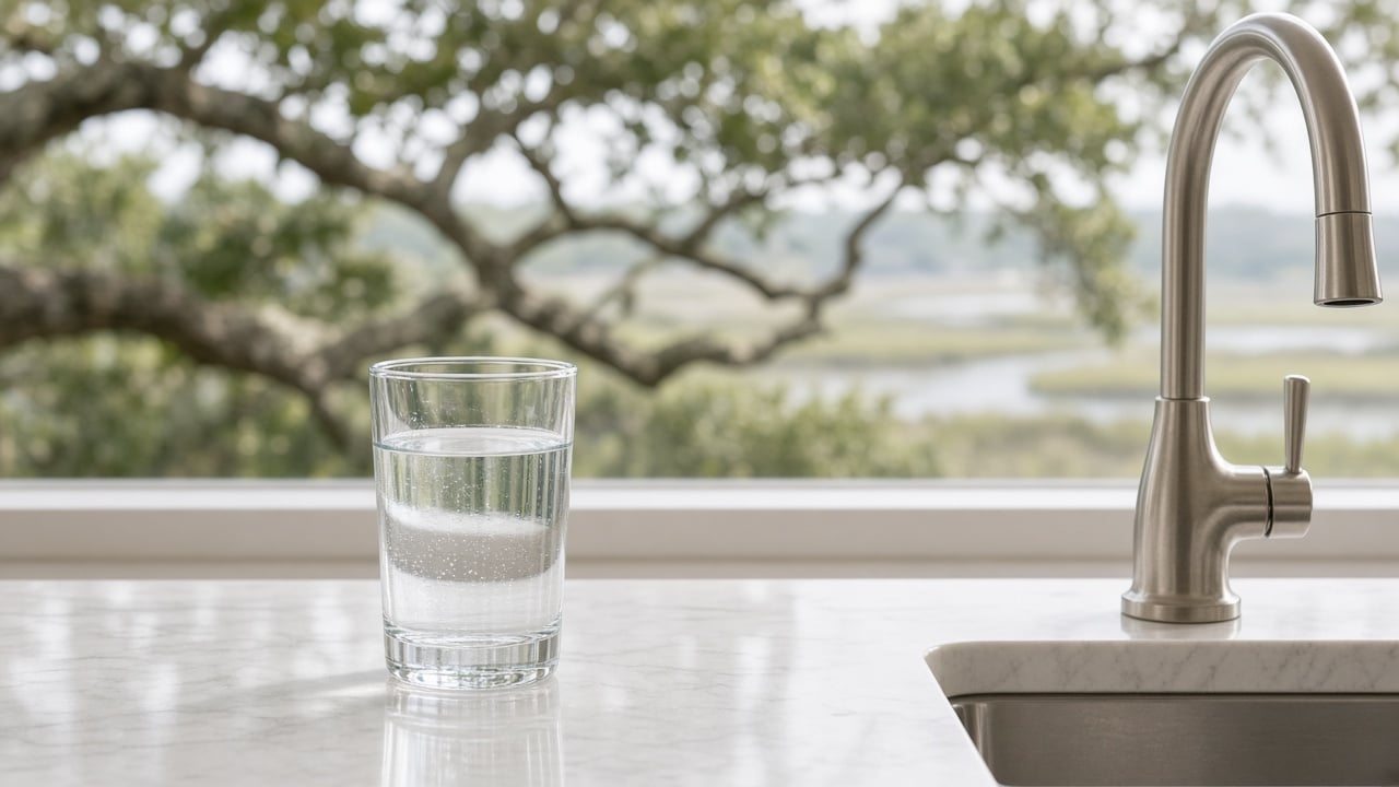 A clear glass of drinking water on a white quartz kitchen counter beside a brushed-nickel faucet, with live oaks and coastal marsh visible through the window