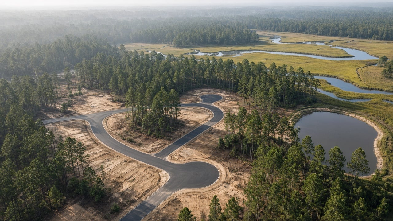Aerial view of a new subdivision under construction in coastal North Carolina, with curving freshly paved streets and cleared lots surrounded by tall pine forest, a stormwater pond, and a winding tidal creek through marsh grass in morning haze