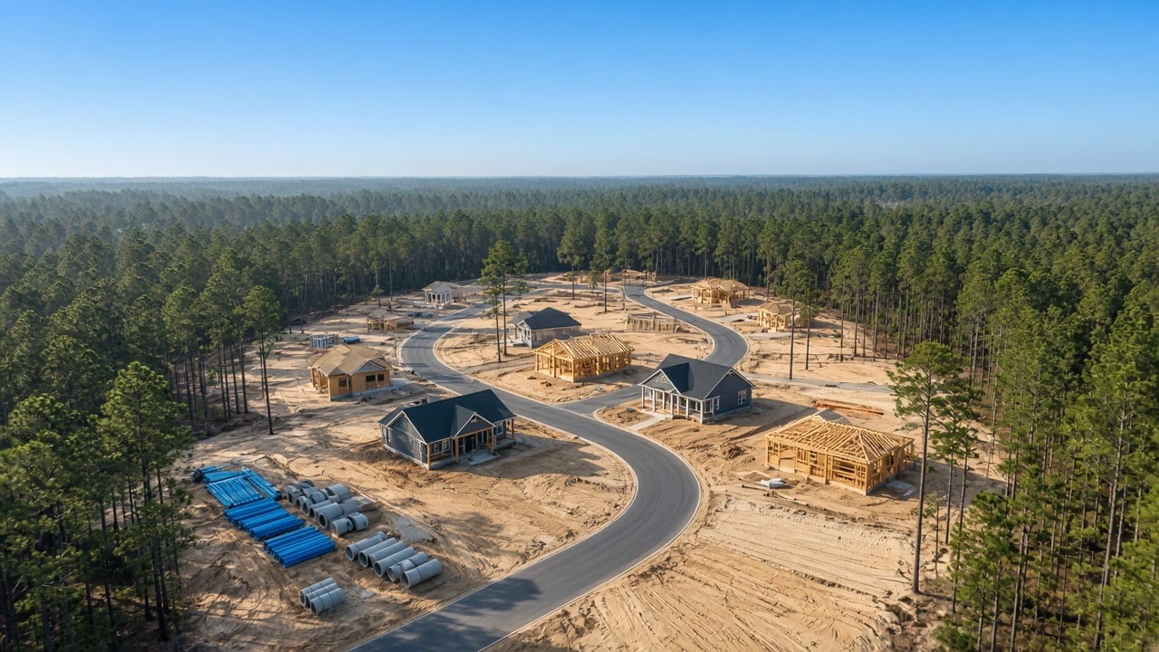 Aerial view of a new coastal North Carolina subdivision under construction, with freshly graded lots, new streets, partially framed homes, and stacks of water and sewer pipe beside a pine forest under a clear morning sky