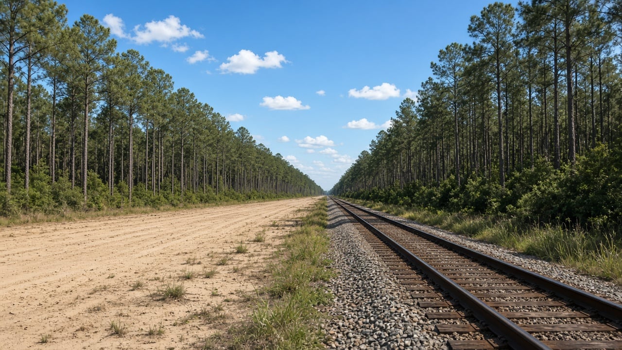 Freight rail line running alongside cleared, flat land bordered by tall pine forest under a blue sky in rural northern Brunswick County, North Carolina