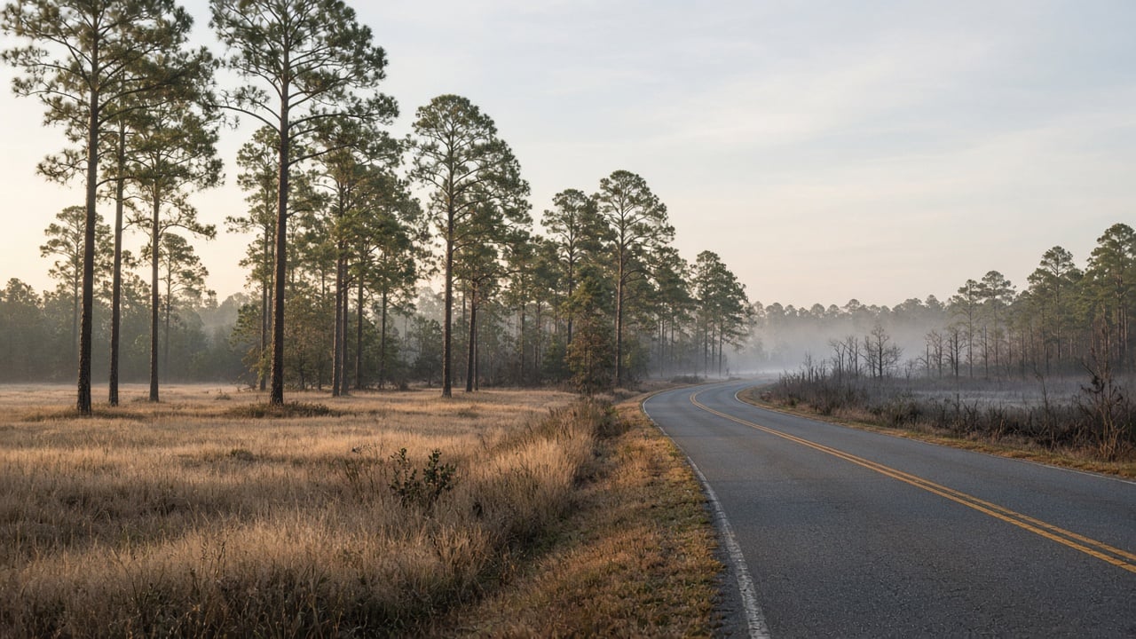 A quiet two-lane country road curving past a misty field of golden grass and tall longleaf pines at sunrise in rural Brunswick County, North Carolina