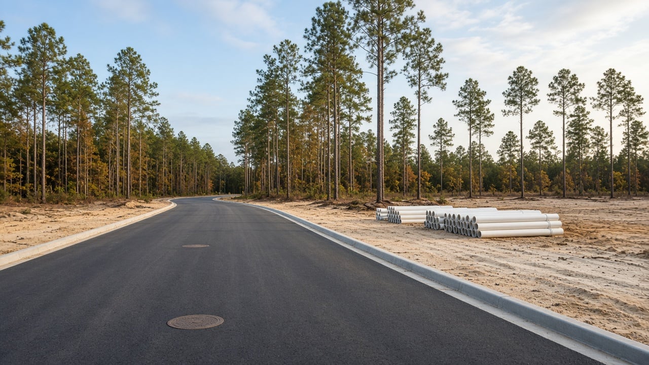 Newly paved residential street in a coastal North Carolina subdivision under construction, with sewer manhole covers in the road, stacks of white utility pipe on sandy cleared lots, and tall longleaf pines under an autumn sky