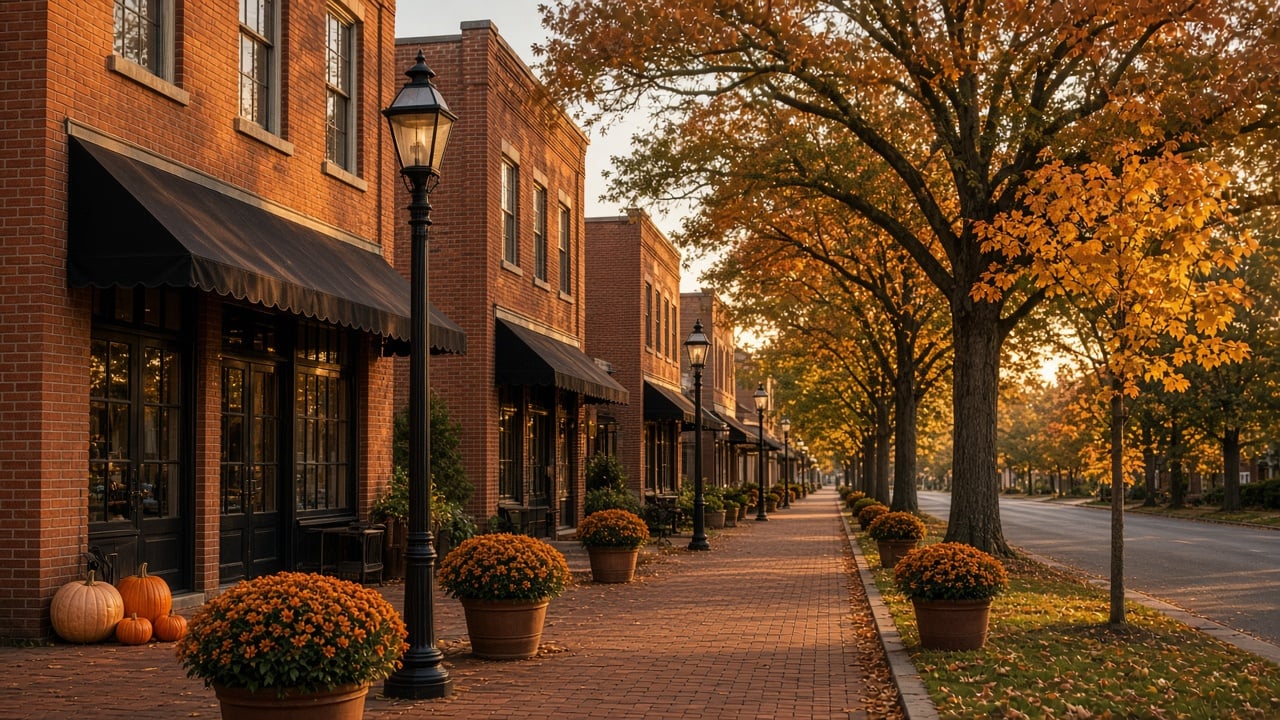Quiet small-town main street at golden hour with brick storefronts, wide sidewalks, old-fashioned street lamps, autumn-colored trees, and planters of orange mums