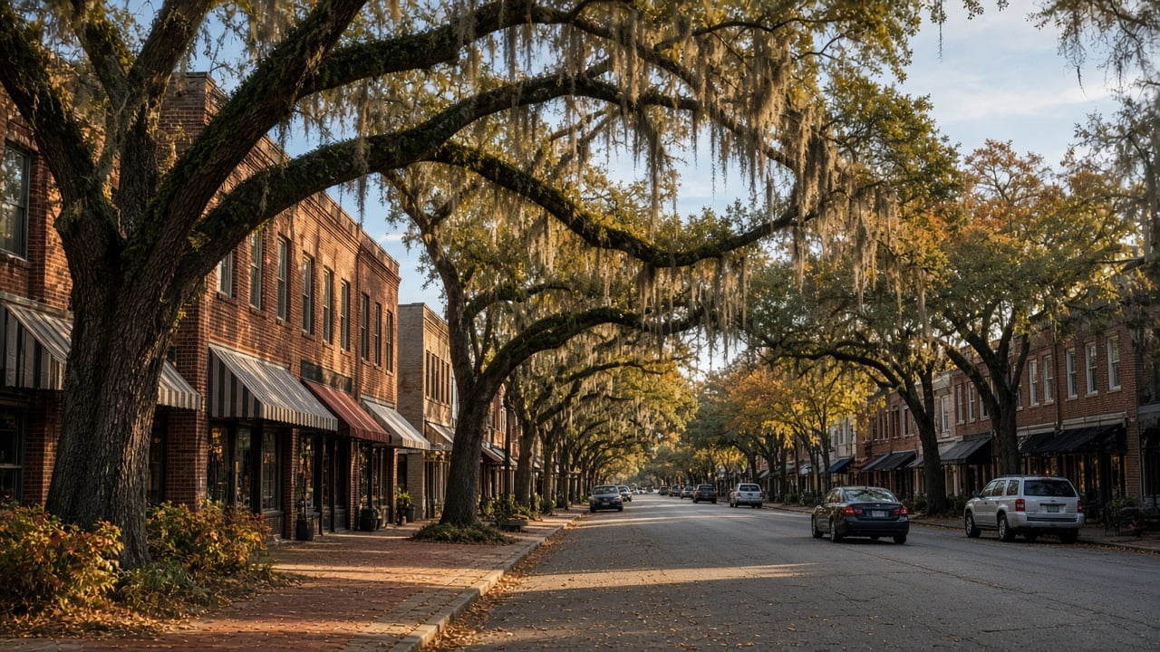 Tree-lined small-town Southern main street in autumn, with large live oaks draped in Spanish moss arching over the road, two-story brick storefronts with striped awnings, brick sidewalks, and a few parked cars in warm late-afternoon light
