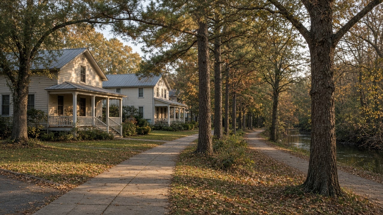 Older wood-frame homes with deep front porches and metal roofs along a leaf-covered sidewalk beneath tall pines, beside a quiet canal-side walking path in golden autumn light in a small eastern North Carolina town