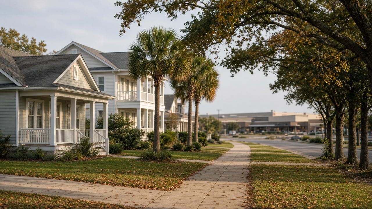 Quiet coastal residential street with gray and white porch-front homes, palmetto trees, and live oaks in autumn light, with a modern shopping center roofline in the distance along a highway