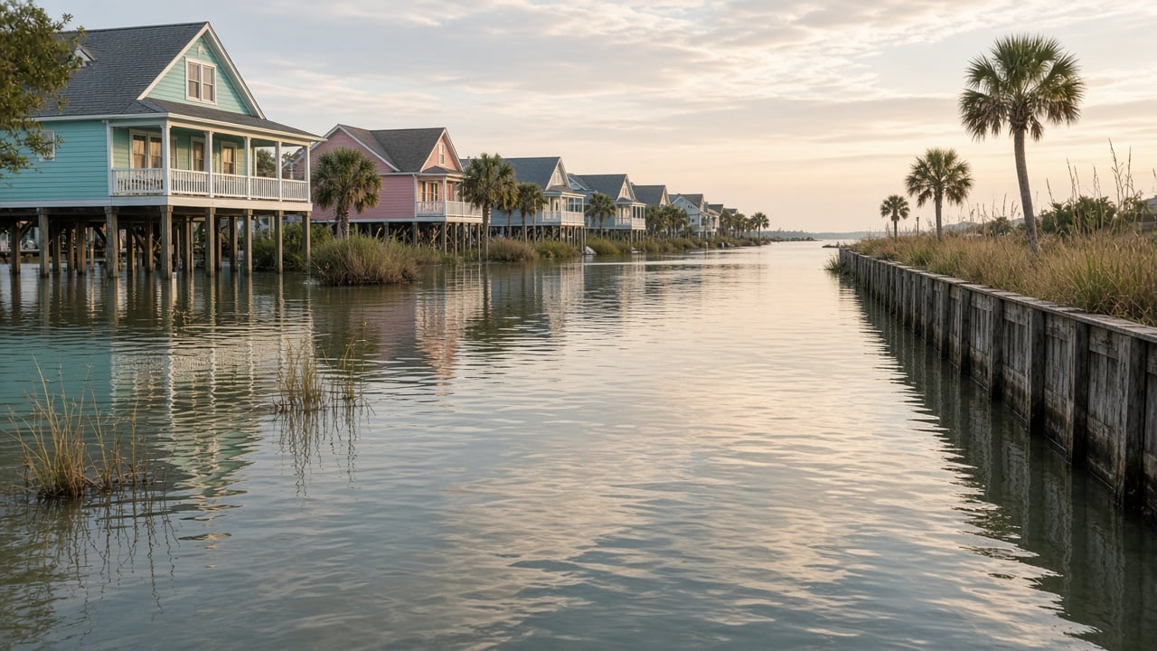 High tide water filling a low-lying coastal street lined with pastel beach cottages raised on pilings, palm trees, marsh grass, and a weathered wooden bulkhead at sunset
