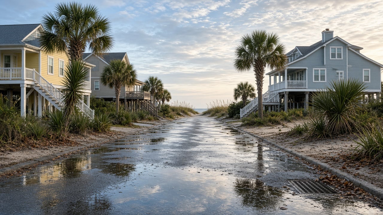 Wet residential street in a North Carolina beach town after a rain shower, with puddles near a storm drain, pastel beach cottages raised on pilings, palm trees, and dune grass at the end of the road under a clearing sky