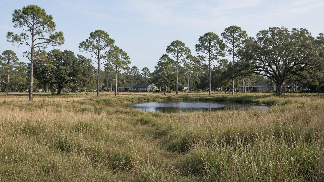 Overgrown former golf course fairway with tall grass, scattered pine trees, and a small pond under a soft autumn sky, with a few one-story homes visible at the tree line