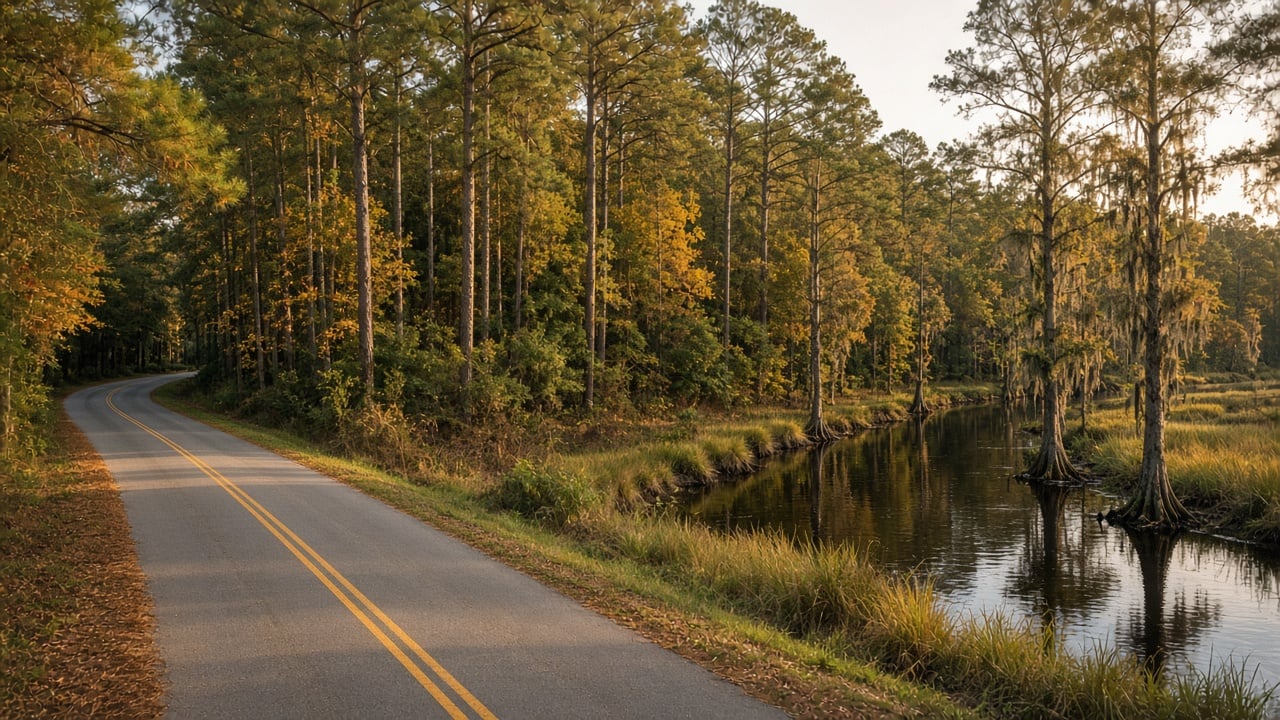 Rural two-lane road curving past a tall pine and hardwood forest beside a calm blackwater river lined with cypress trees and marsh grass in golden autumn light in northern New Hanover County