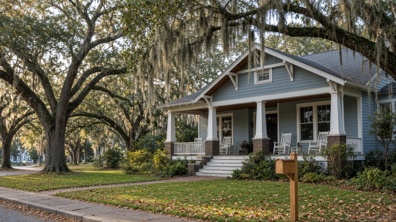 Light blue craftsman-style coastal North Carolina home with white trim and a front porch with rocking chairs, shaded by live oaks draped in Spanish moss on a quiet residential street in soft autumn light