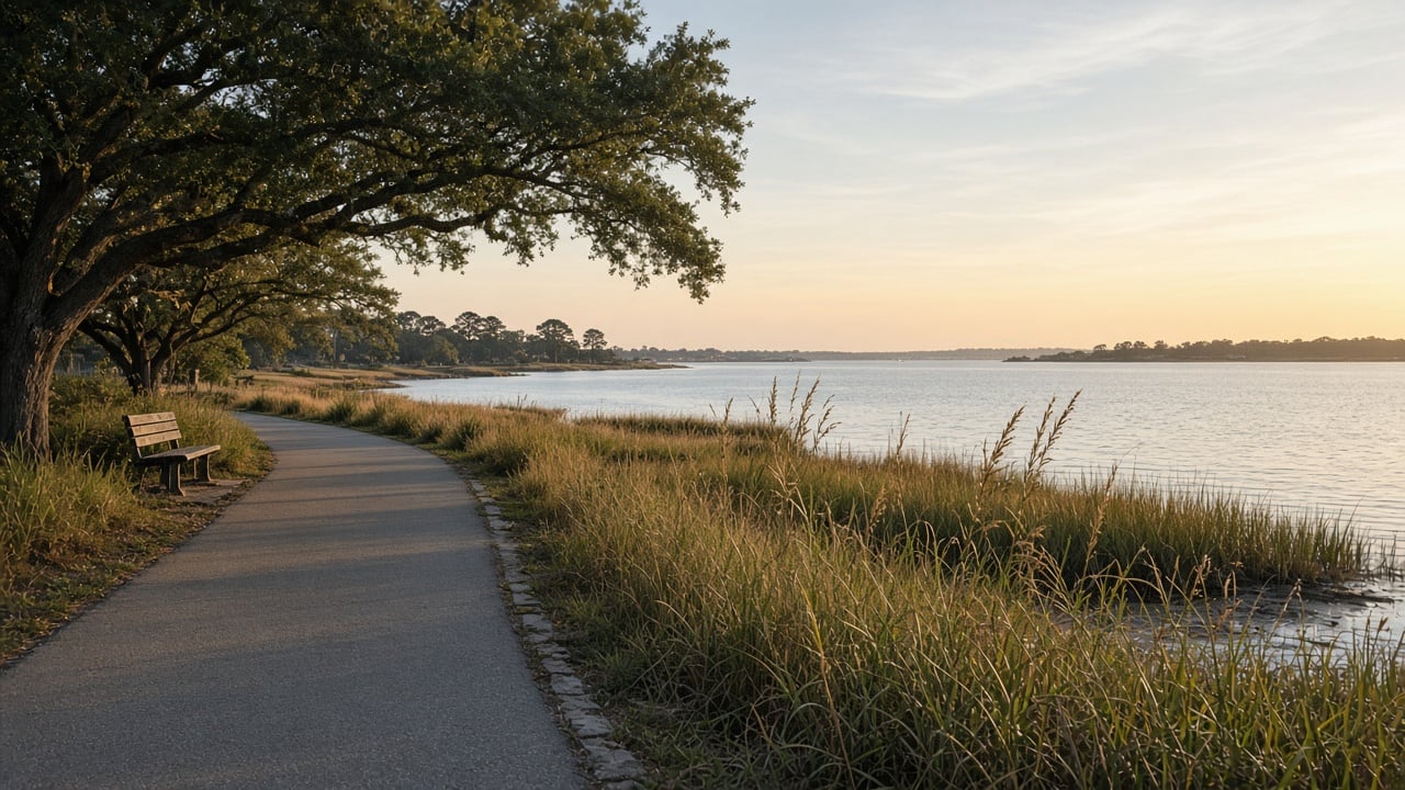 Empty paved waterfront walking trail curving past marsh grass and a wooden bench under live oak trees beside a calm coastal sound at sunrise