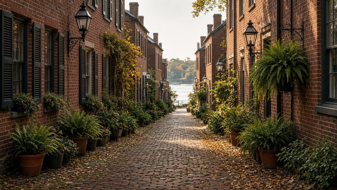 Narrow historic brick-paved alley between old brick buildings in a Southern river town, with wrought-iron lamps, potted plants, and soft late-afternoon light