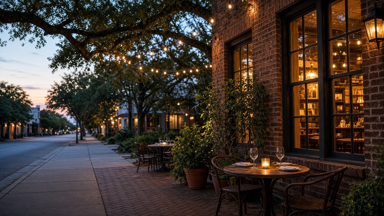 Brick restaurant storefront at dusk with an empty sidewalk patio of bistro tables, candles and wine glasses under string lights and live oak branches