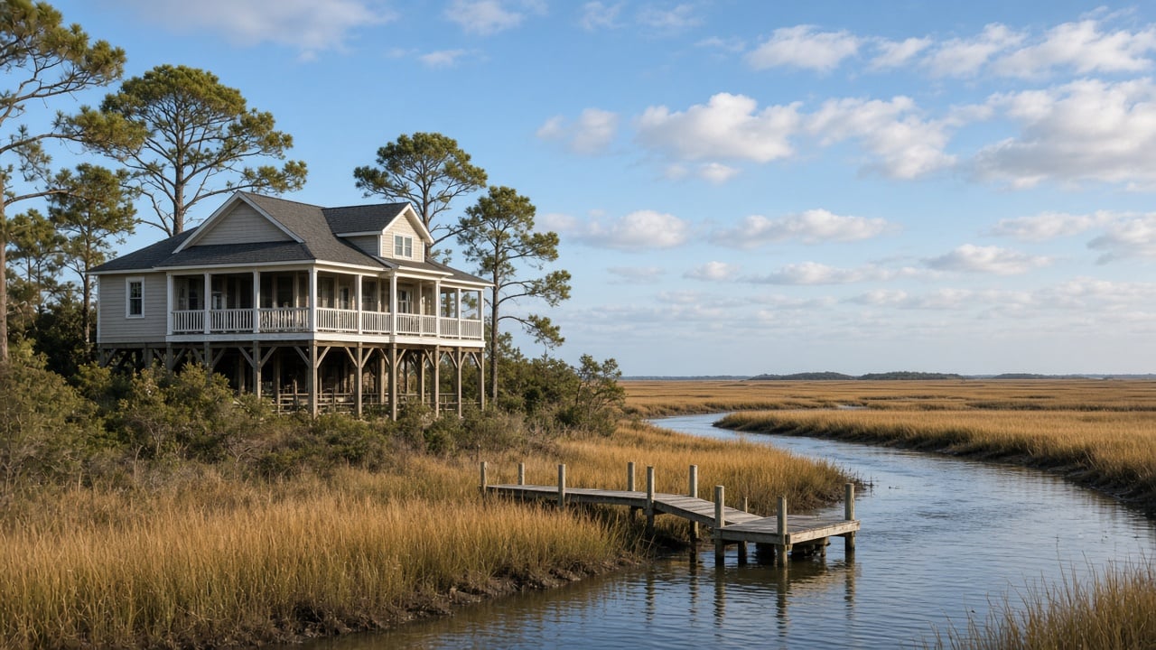 Elevated coastal North Carolina home on wooden pilings beside a tidal marsh creek with golden marsh grass, a small wooden dock, and pine trees in soft autumn afternoon light