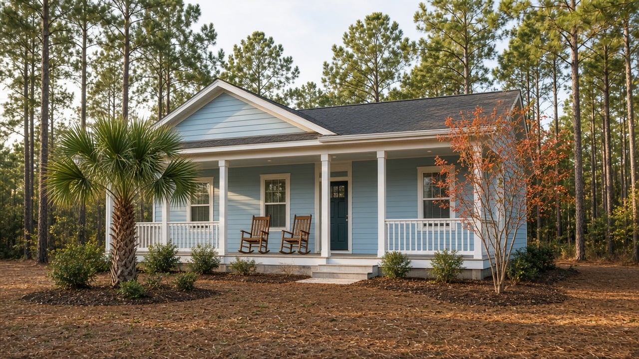 Light blue single-story coastal starter home with white trim and a covered front porch with two wooden rocking chairs, a sabal palmetto and young crepe myrtle in a pine-straw yard, and tall pine trees behind in soft autumn light
