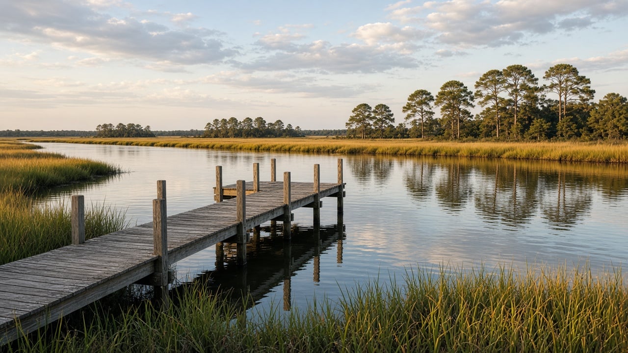 A weathered wooden dock reaching into calm tidal water past golden marsh grass and tall pines at sunset on a coastal sound in Hampstead, North Carolina