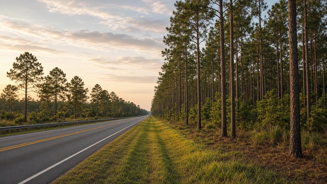 Coastal North Carolina highway at golden hour with a grassy shoulder and a stand of tall longleaf pines on one side, a guardrail and pine woods on the other, under a soft pastel sky