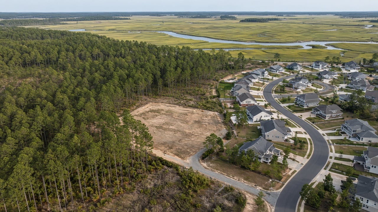 Aerial view of a new coastal North Carolina neighborhood with curving streets beside a cleared parcel and tall longleaf pine forest, with salt marsh and a tidal creek in the distance near Hampstead