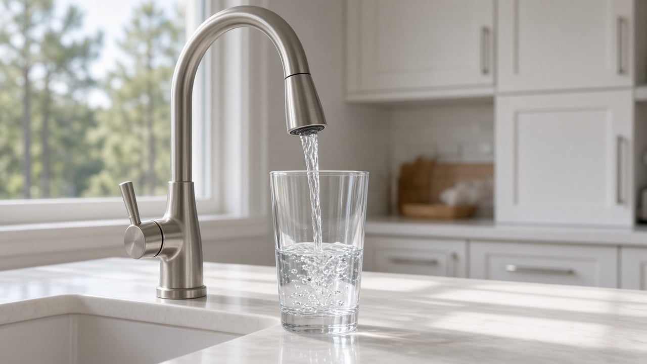 Clear glass filling with water from a brushed-nickel faucet in a bright white coastal kitchen, with tall pine trees visible through the window