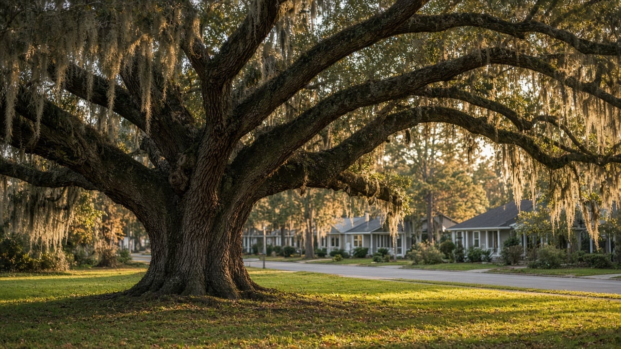 Large Southern live oak draped in Spanish moss shading a green lawn beside a quiet residential street with low-rise homes in warm late-afternoon autumn light